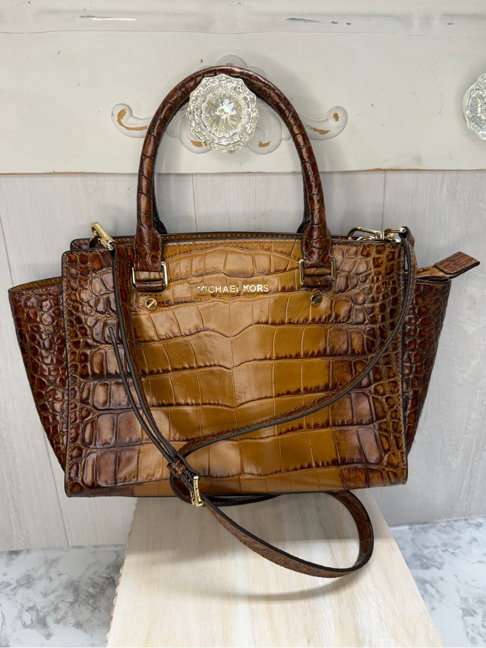 Michael Kors Selma Crocodile-Embossed Satchel